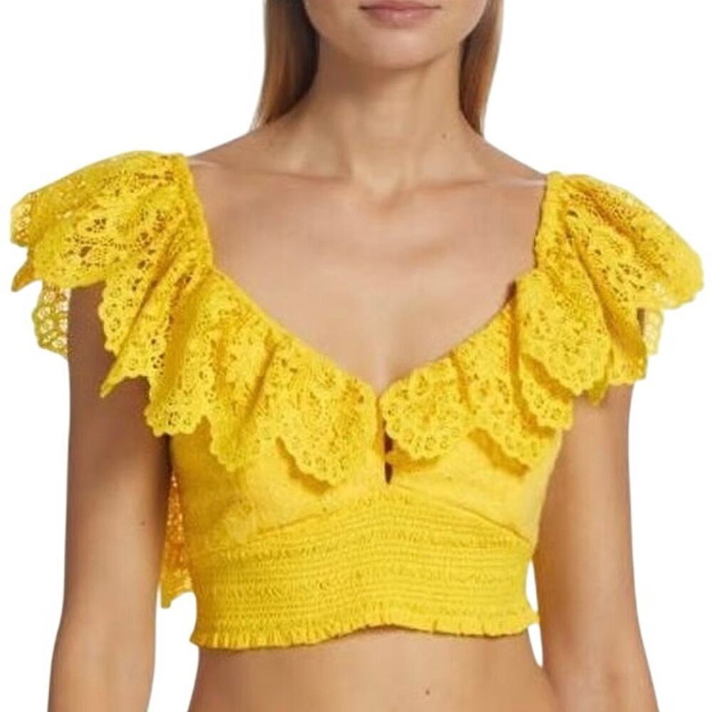 Alice & Olivia Crop top Bleeker Ruffled Lace Ruched zipped Sz XS Yellow Mustard